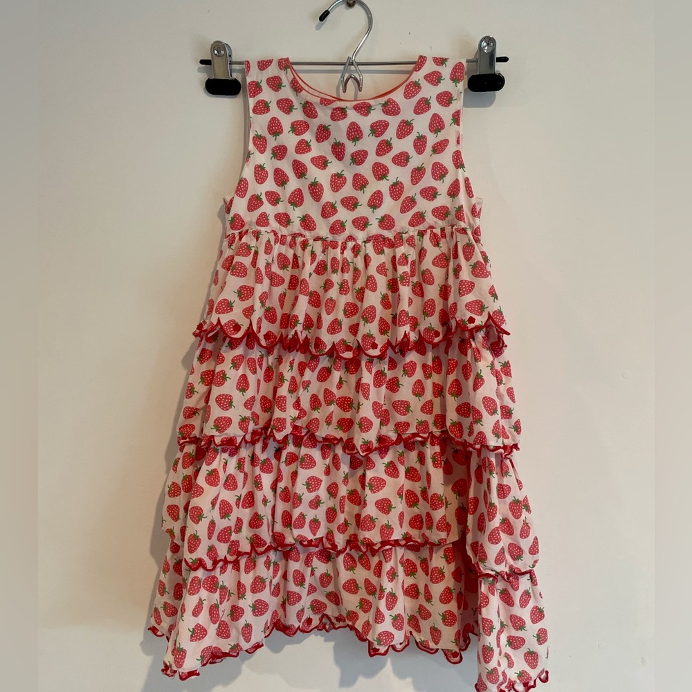 Mini Boden Cute Strawberry Tiered Dress girls 6-7 scalloped embroidered ruffle